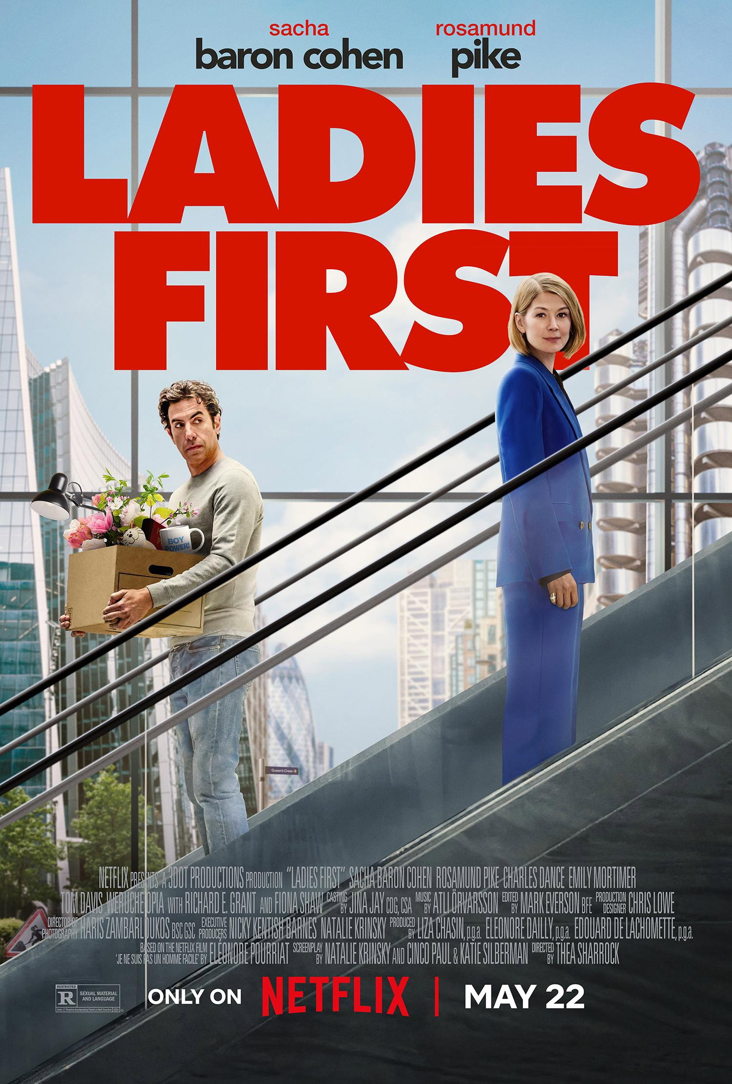 Poster film Ladies First 2026 Netflix dibintangi Sacha Baron Cohen dan Rosamund Pike